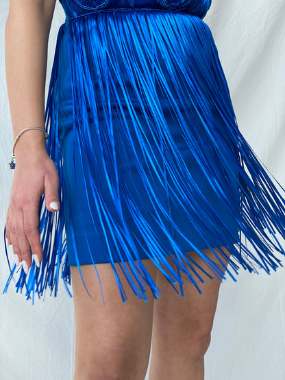 Y2K Bebe Royal Blue Fringe Strapless Mini Tube Dress - XS