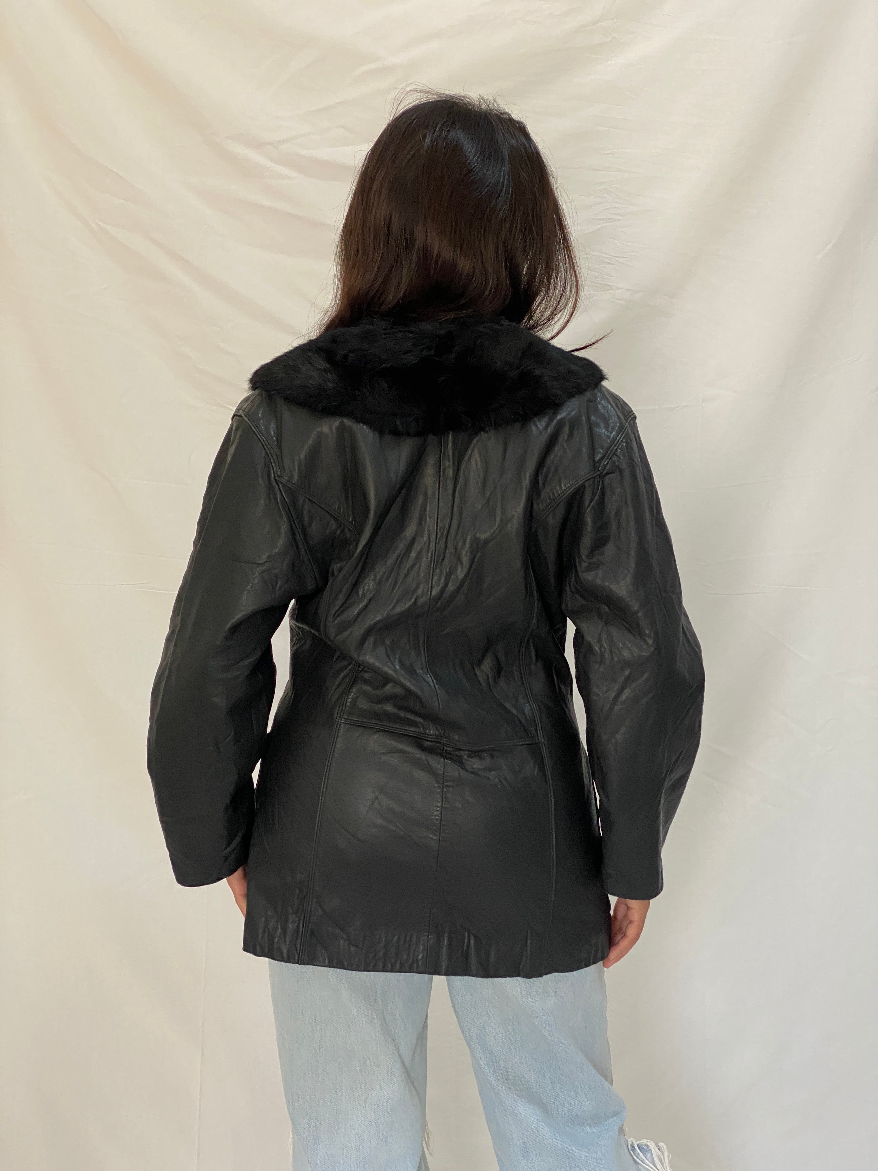 Vintage Patricia Italian Leather Coat Black Fur Collar 80s Oversized Blazer Jacket - M