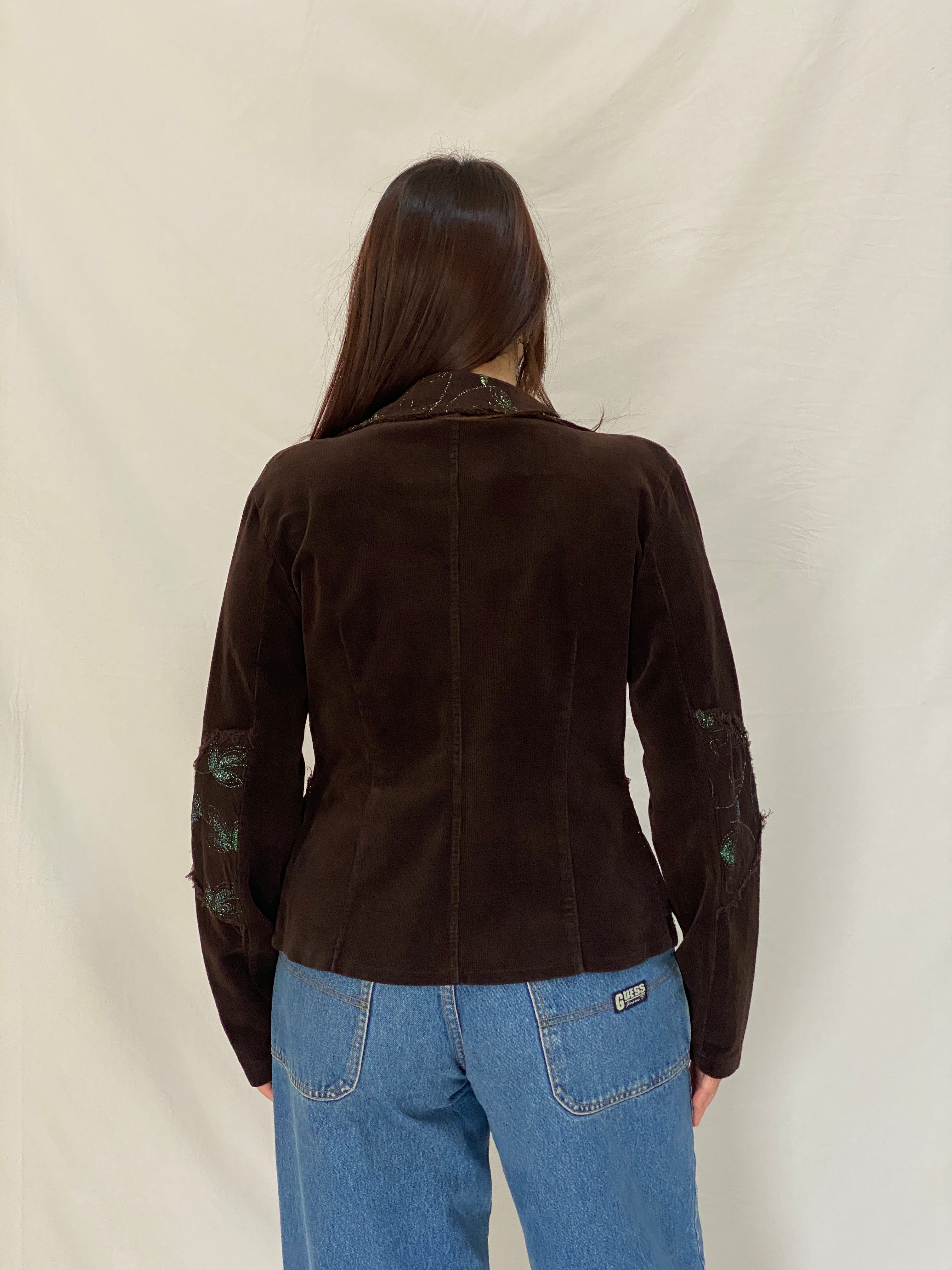 Vintage Y2K Italian Corduroy Blazer  Chocolate Distressed Raw Edge Embroidered Jacket - S