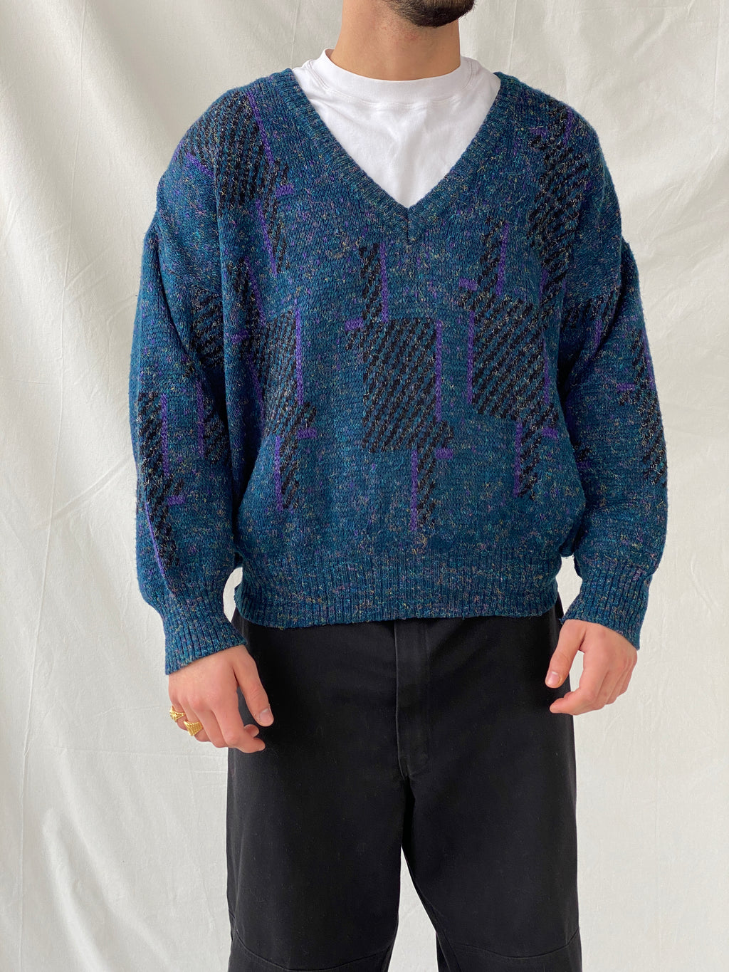 Vintage Retro 90s Angelo Litrico Blue Wool Blend V-Neck Sweater Pullover - XL