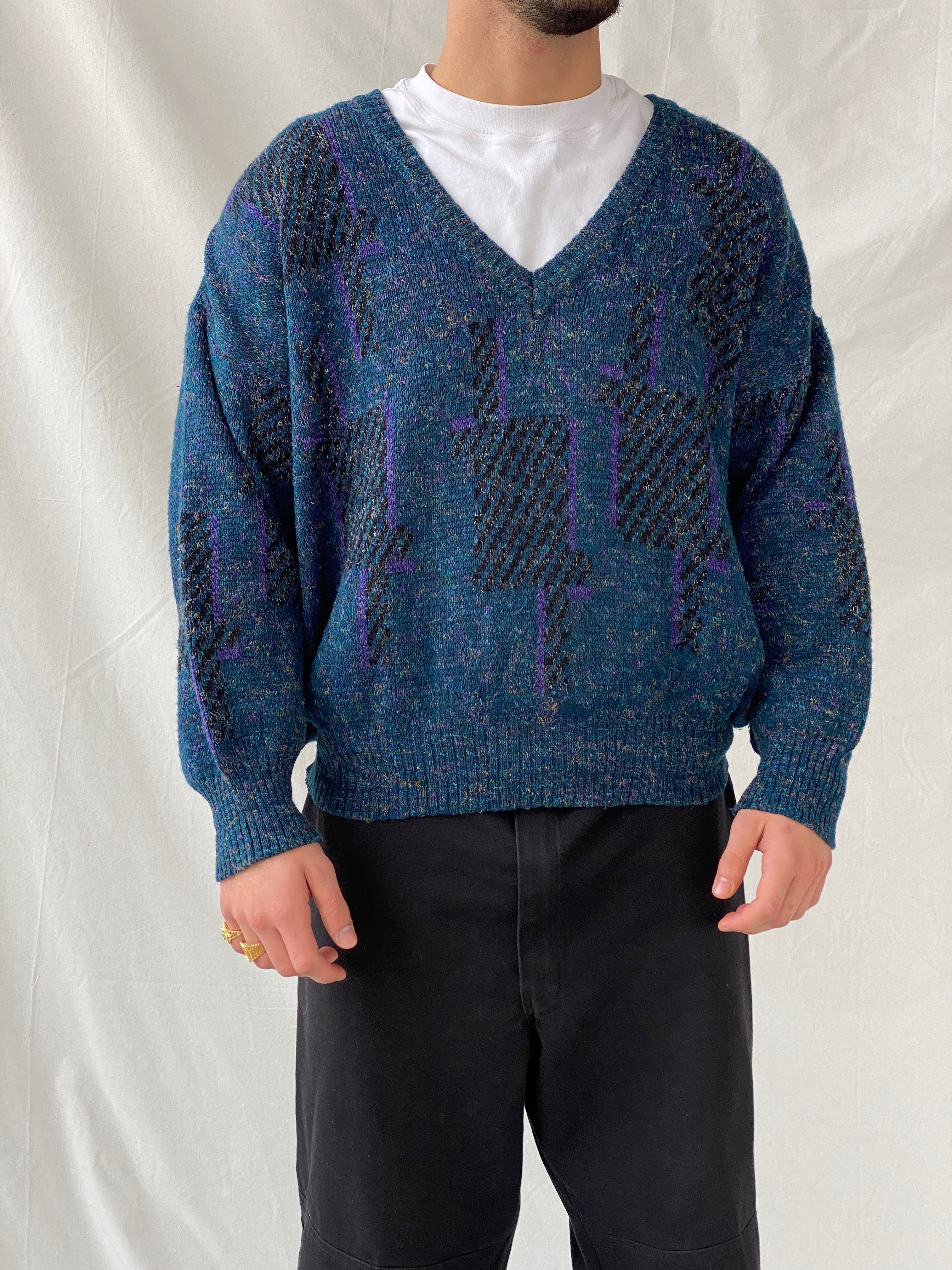 Vintage Retro 90s Angelo Litrico Blue Wool Blend V-Neck Sweater Pullover - XL