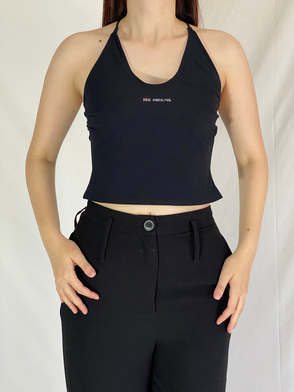 Y2K Red Herring Black Halter Top Strappy Backless Cropped Tank - S