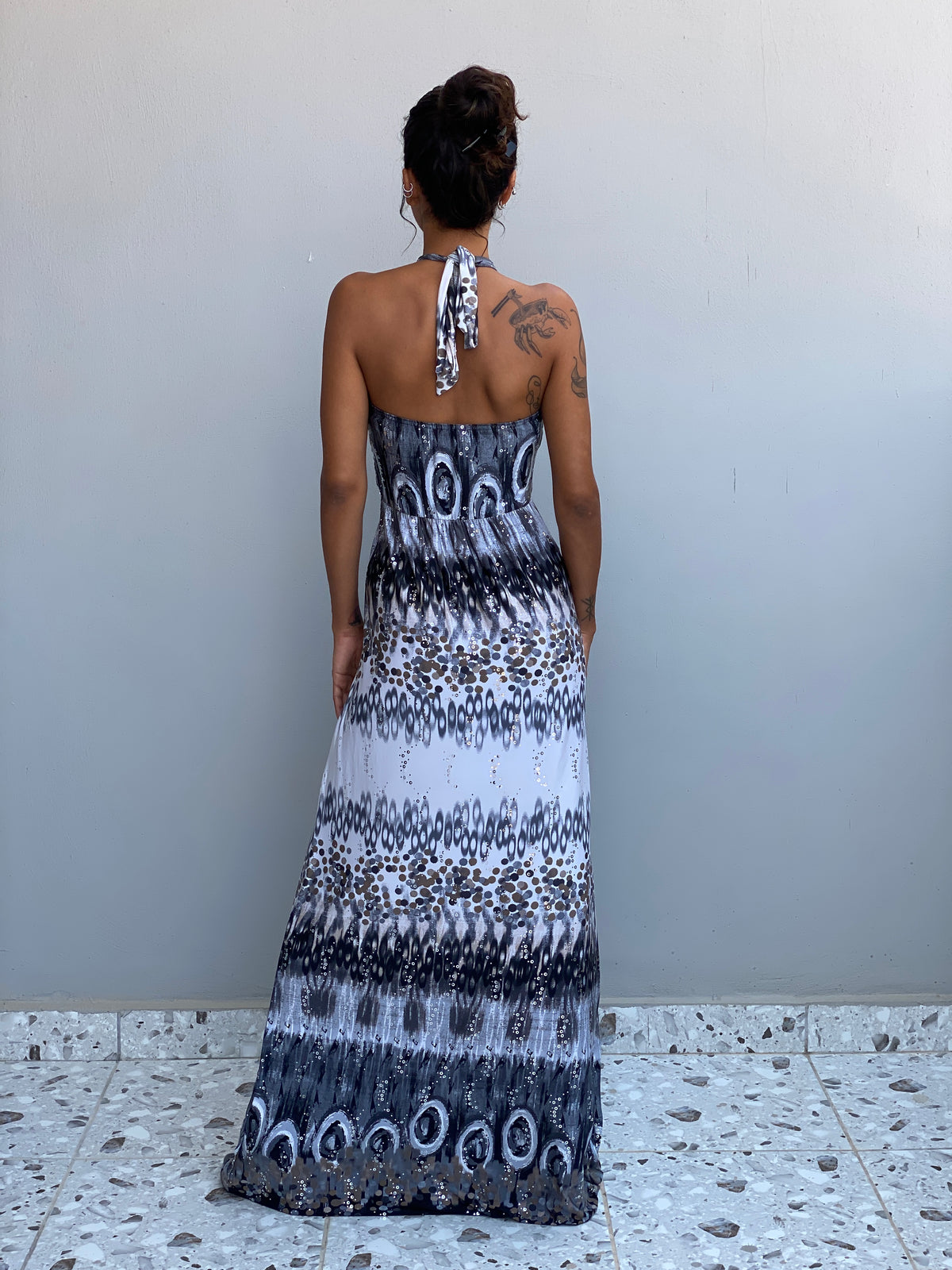 Vintage Y2K Evita Grey Black Sequin Halter Neck Maxi Dress - S Vintage Y2K Evita Grey Black Sequin Halter Neck Maxi Dress - S