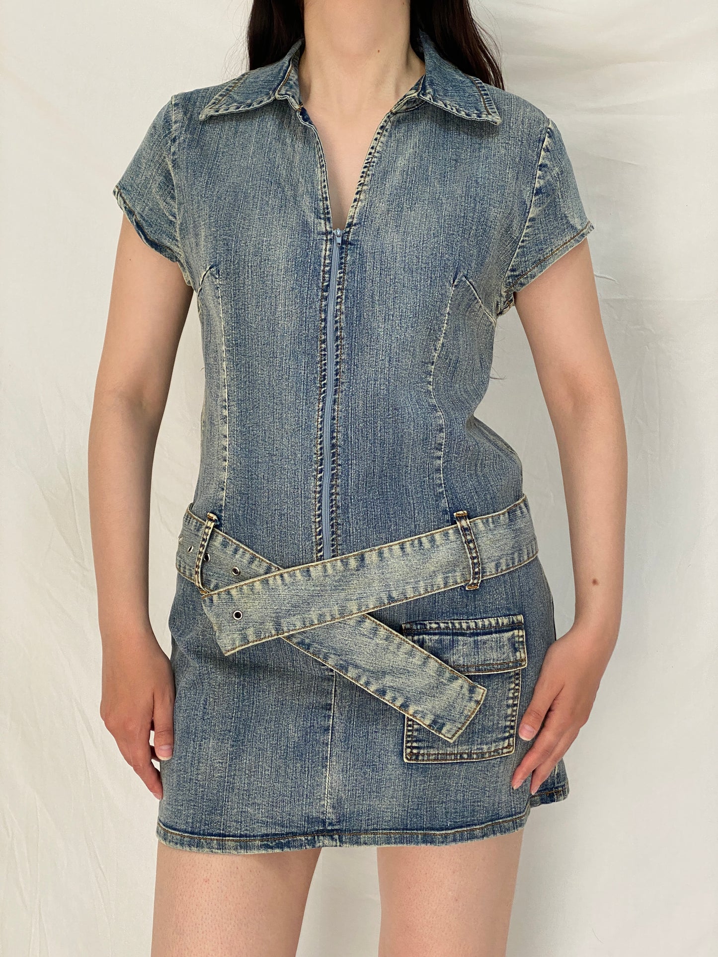 Vintage Y2K X-Mail Belted Zip Front Short Sleeve Denim Dress – M