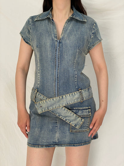 Vintage Y2K X-Mail Belted Zip Front Short Sleeve Denim Dress – M