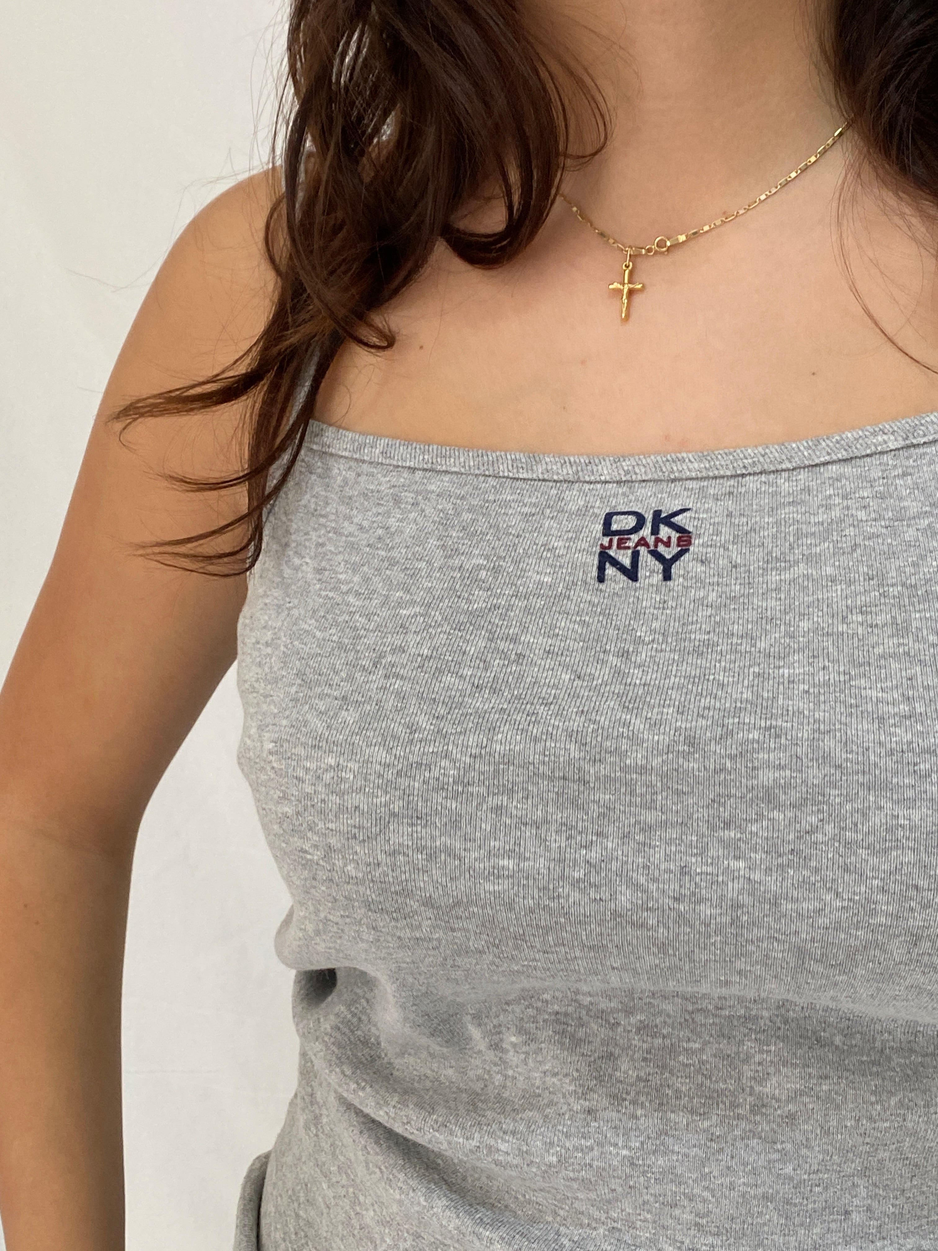 Vintage Y2K DKNY Grey Tank Top Minimalist Logo Cami, Stretchy Basic - M
