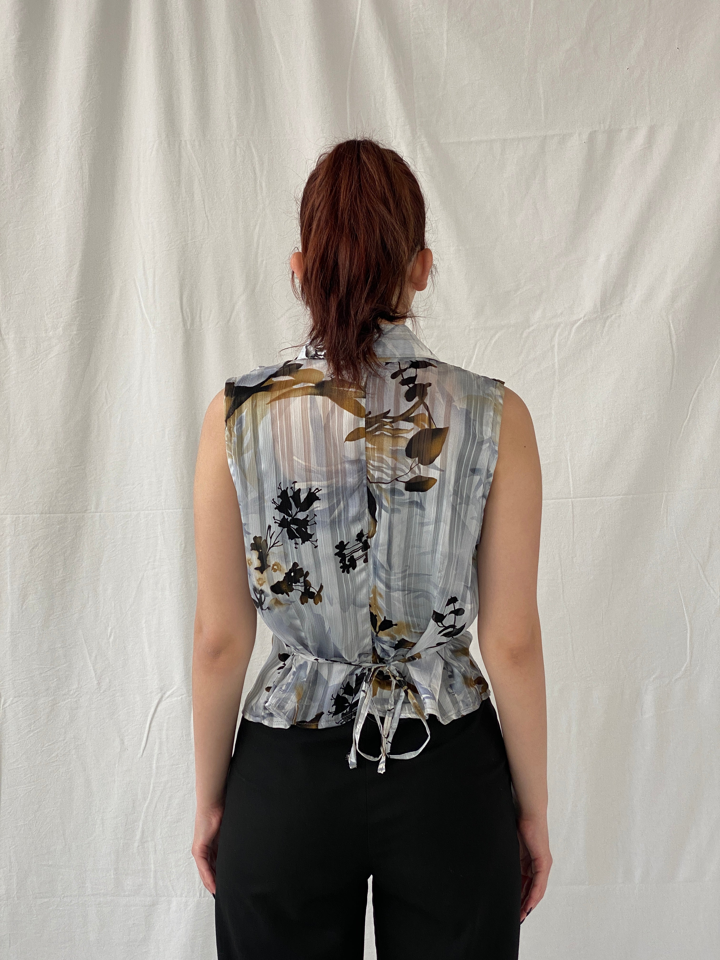 Vintage Fashionway Women’s Sheer Floral Sleeveless Buttoned Shirt - L