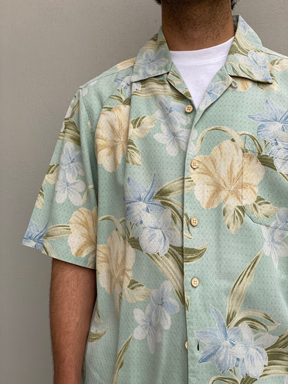 Vintage 90s Jamaica Jaxx Silk Hawaiian Shirt Mint Green Floral Tropical Resort Button Up - L
