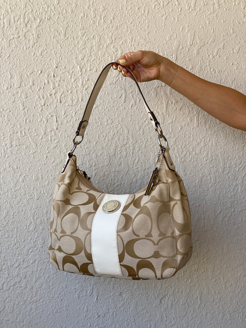 Brand New Coach Signature C Beige Jacquard Canvas Monogram White Stripe Convertible Hobo Shoulder Bag - F19281