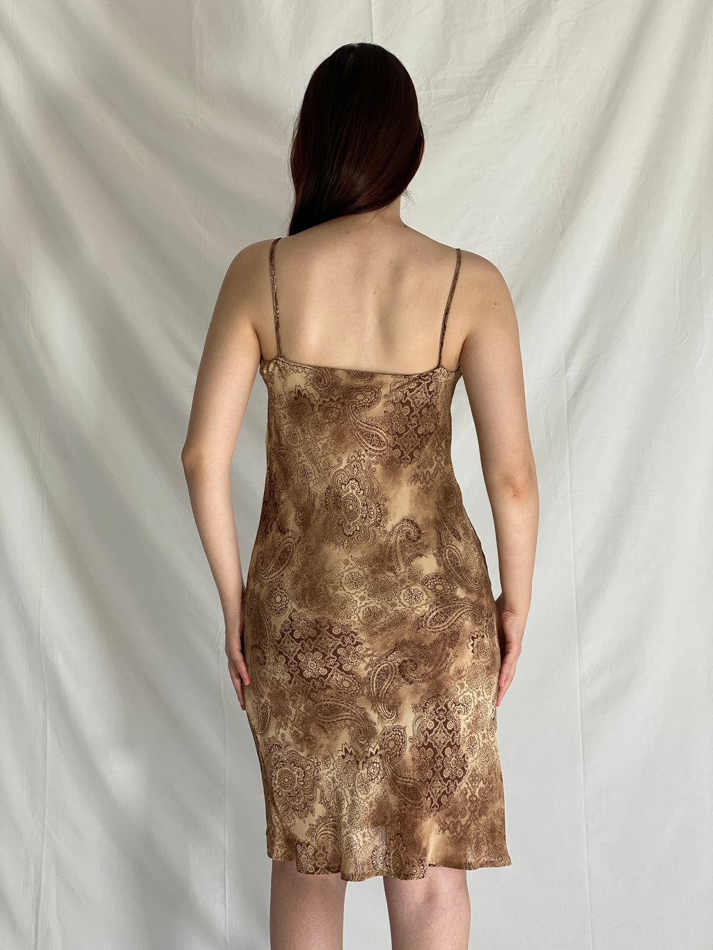 Y2K Pimkie Brown Paisley Satin Slip Vintage 2000s Midi Cami Dress - M