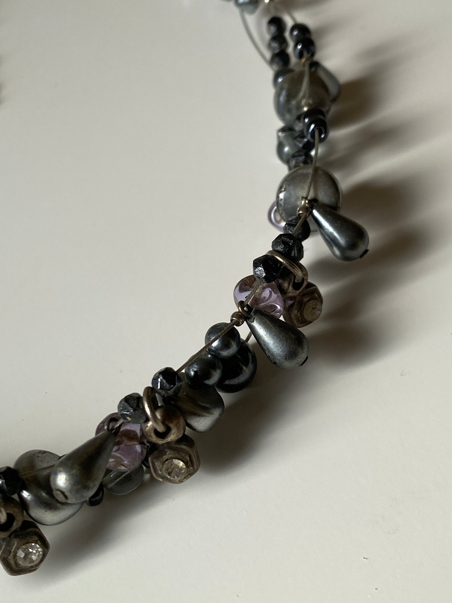 Vintage Black & Grey Pearl Beaded Necklace with Crystal Accents