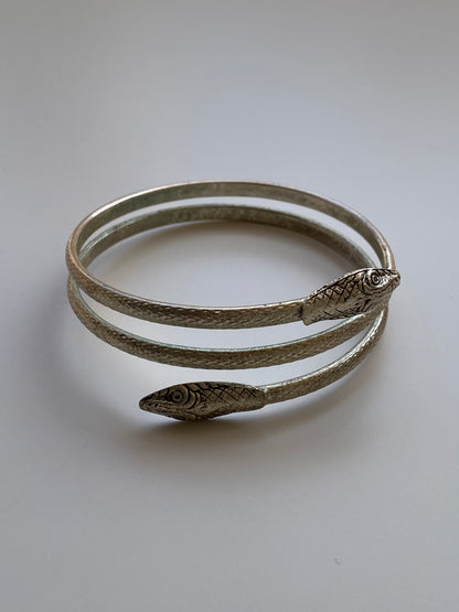 Vintage Silver Tone Double Snake Head Coil Wrap Bracelet Serpent Cuff