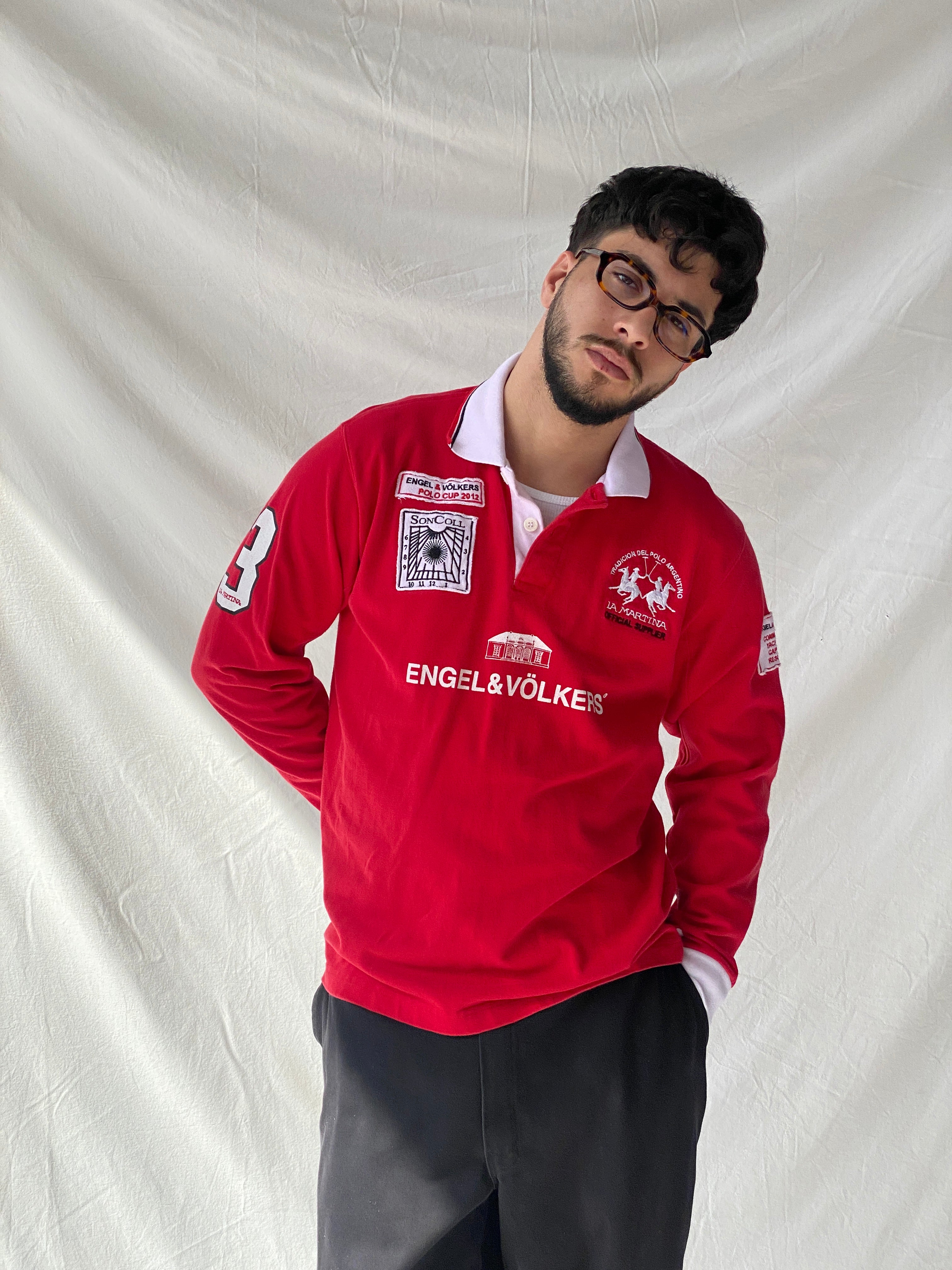 قميص بولو إنجل آند فولكرز 2012 بولو كاب أحمر بأكمام طويلة من القطن - مقاس متوسط