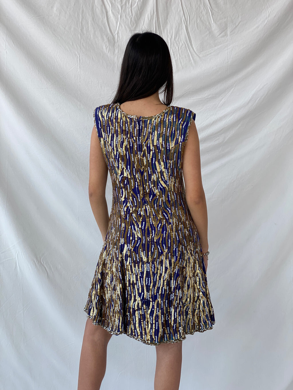 Vintage Razzle Dazzle Pure Silk Blue Gold Sequin Boxy Midi Dress - M