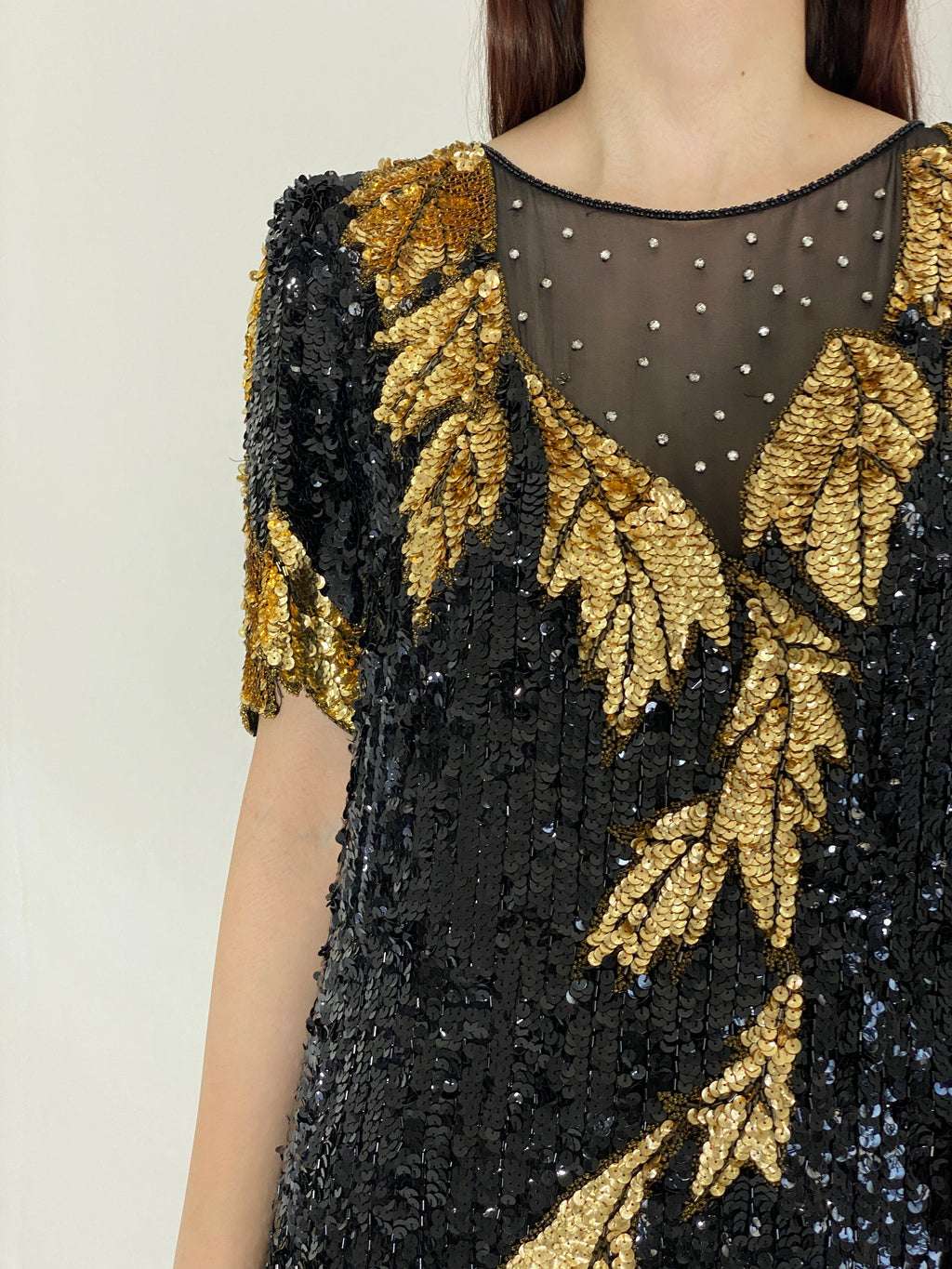 Vintage 80s/90s Sho Max Originals Black Silk Sequin Gold Leaf Beading Party Dress - L