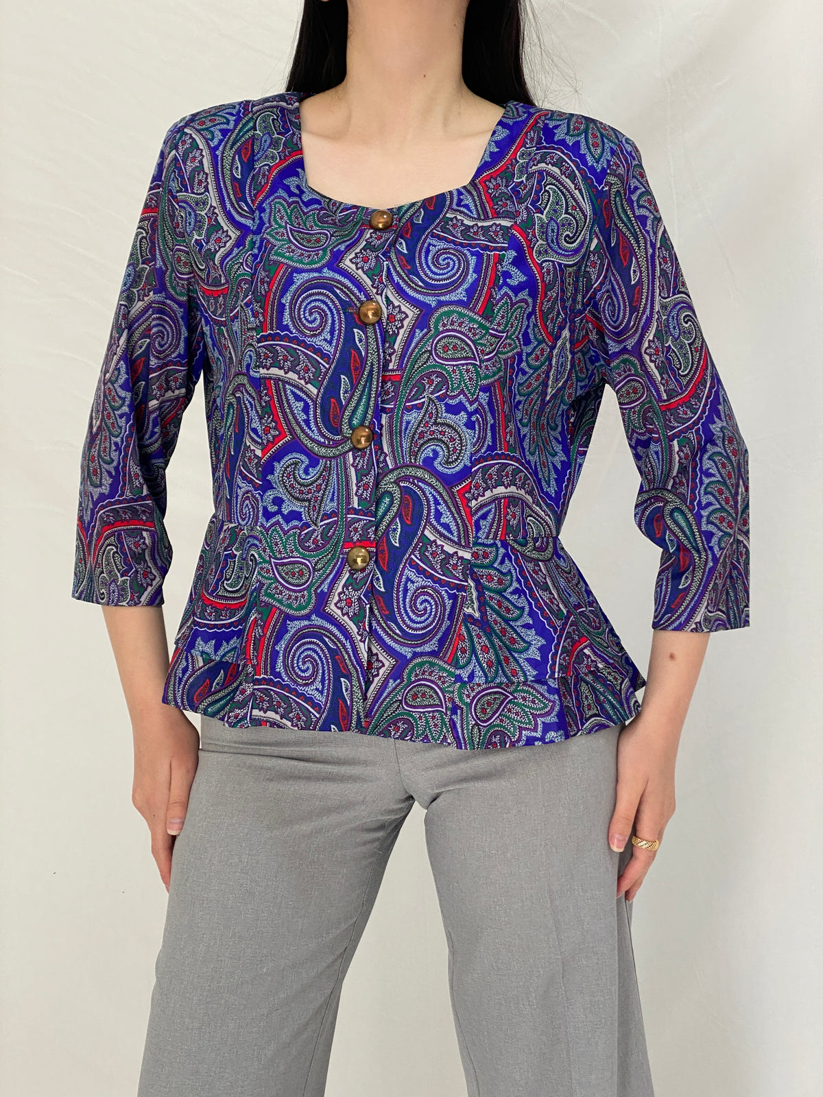 Vintage Amanda Blair Paisley Navy Peplum Satin Blouse Jewel Tone Print with Gold Buttons - L Vintage Amanda Blair Paisley Navy Peplum Satin Blouse Jewel Tone Print with Gold Buttons - L