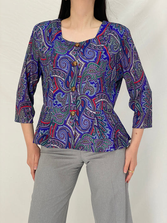 Vintage Amanda Blair Paisley Navy Peplum Satin Blouse Jewel Tone Print with Gold Buttons - L