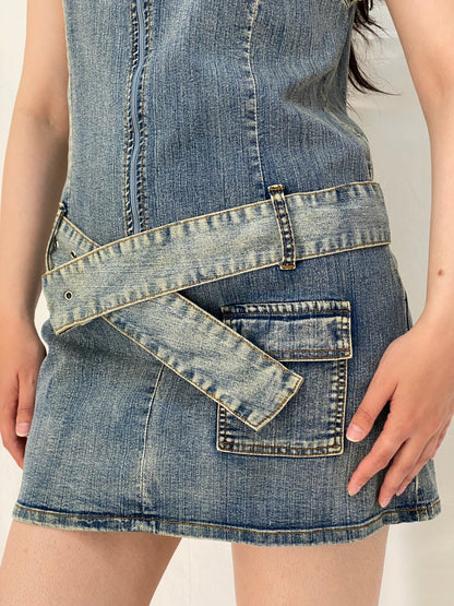 Vintage Y2K X-Mail Belted Zip Front Short Sleeve Denim Dress – M