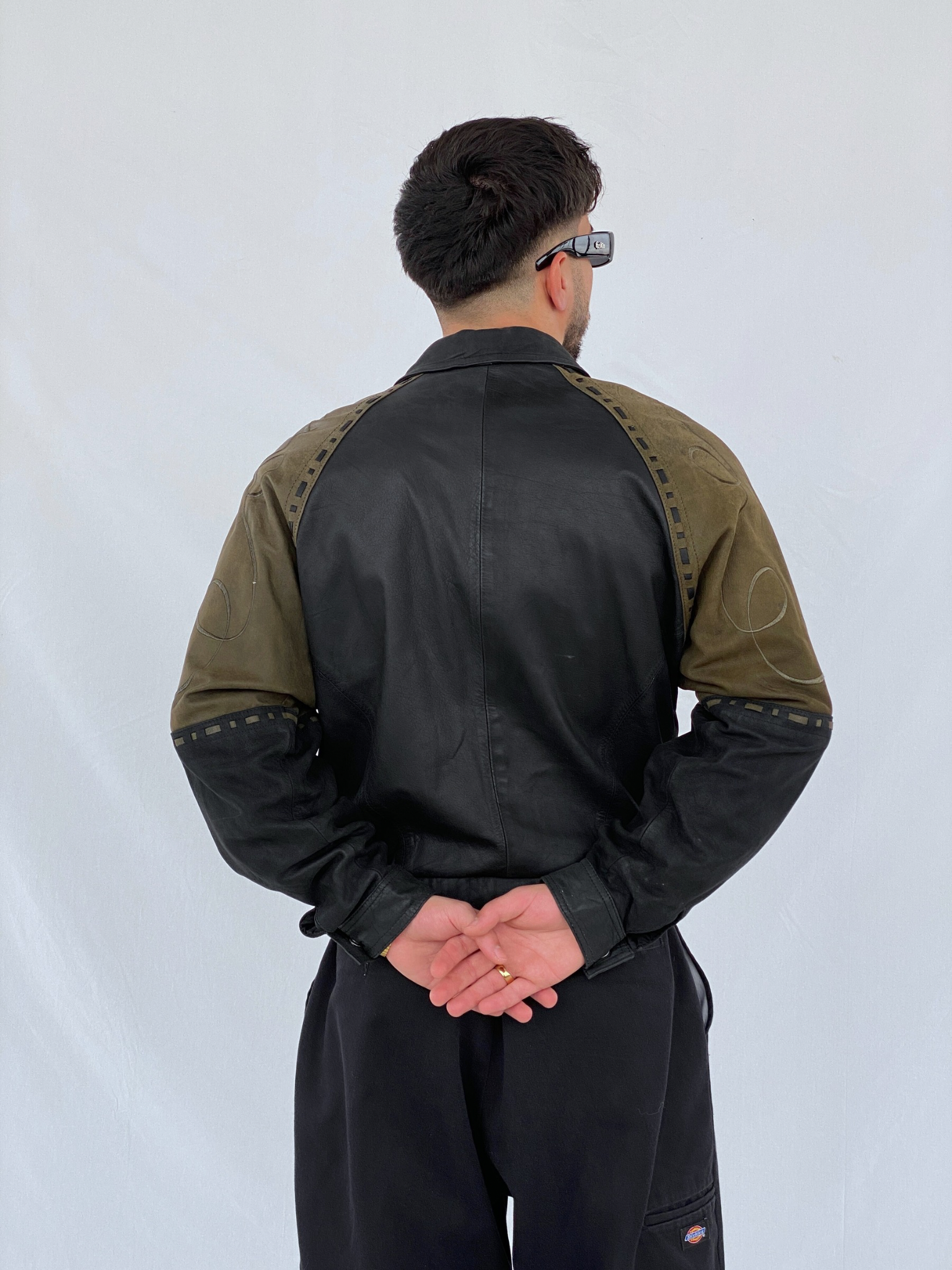 Vintage 90s IOU MCMXC Euro Mode Men’s Black Green Shoulder Patch Leather Bomber Jacket - S