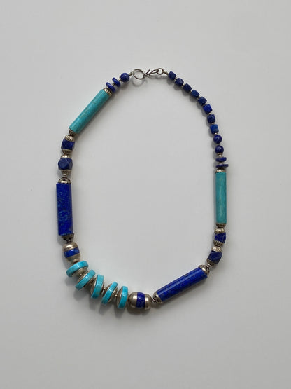 Vintage Lapis Lazuli & Turquoise Stone Beaded Necklace with Silver Spacers