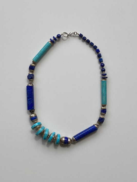 Vintage Lapis Lazuli & Turquoise Stone Beaded Necklace with Silver Spacers