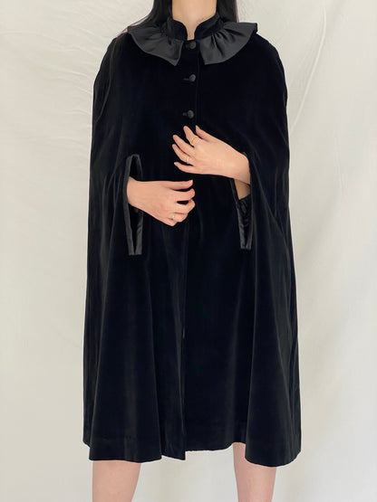 Vintage Black Velvet Cape with Satin Statement Collar - Gothic Elegance Evening Outerwear