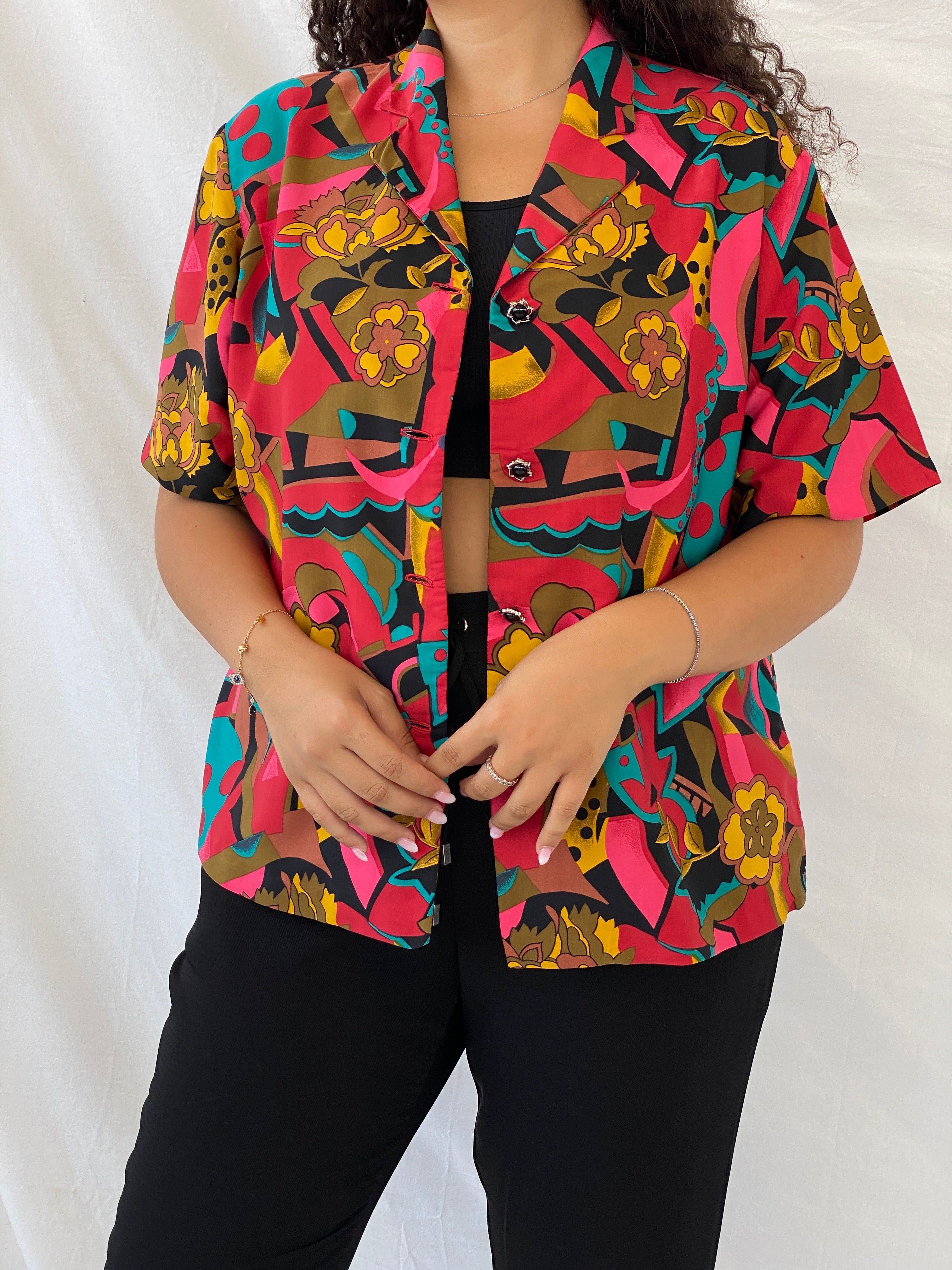 Vintage Handmade Floral Multi-Colored Half-Sleeve Shirt - XL