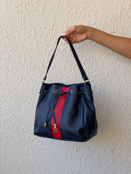 Tommy Hilfiger Navy Blue & Red Drawstring Bucket Shoulder Bag