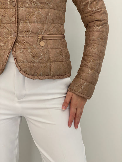 Y2K By Secret Beige Floral Lace Quilted Puffer Jacket – S