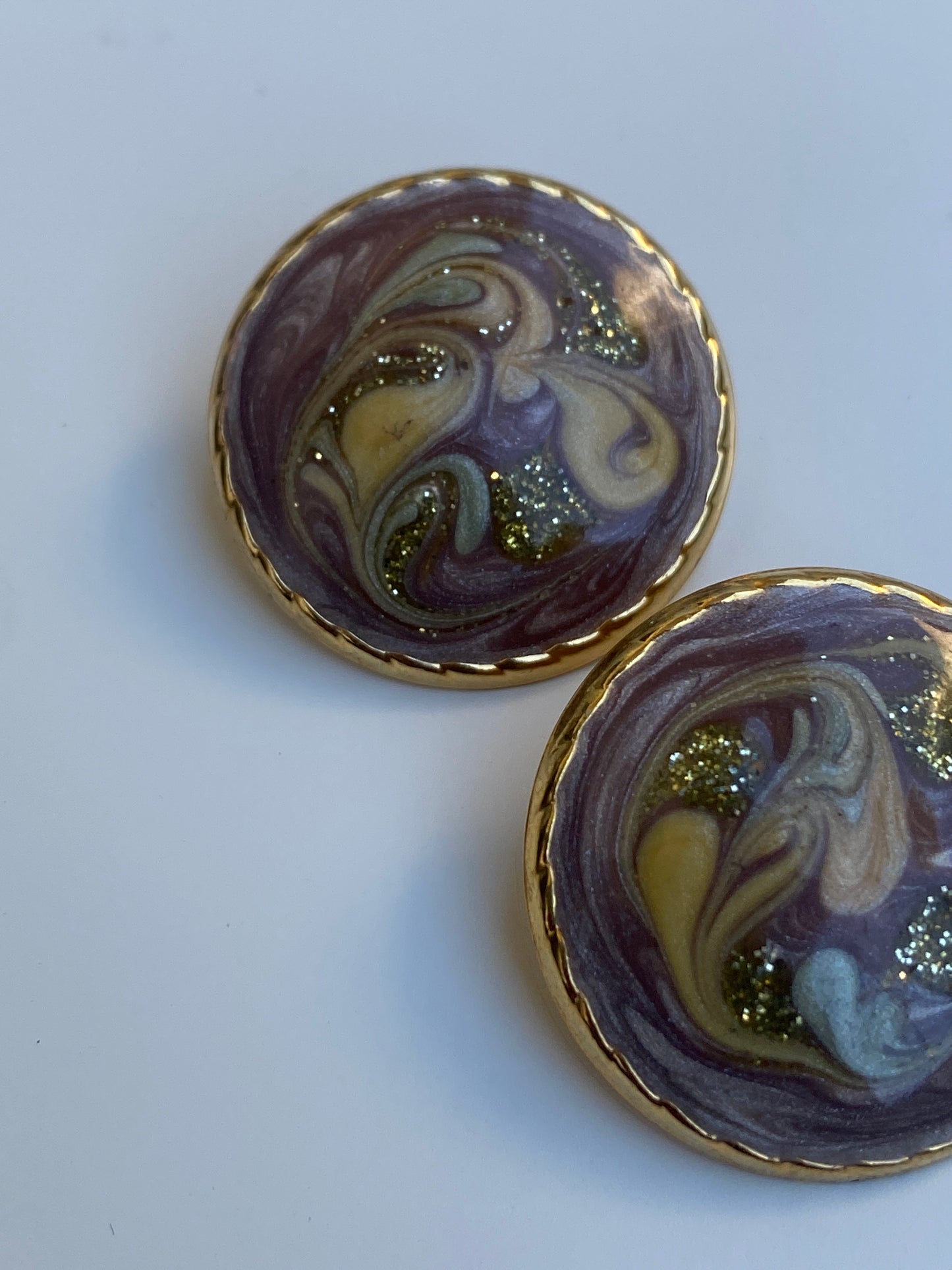 Vintage Abstract Marbled Enamel Gold Stud Lavender Swirl Earrings