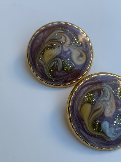Vintage Abstract Marbled Enamel Gold Stud Lavender Swirl Earrings