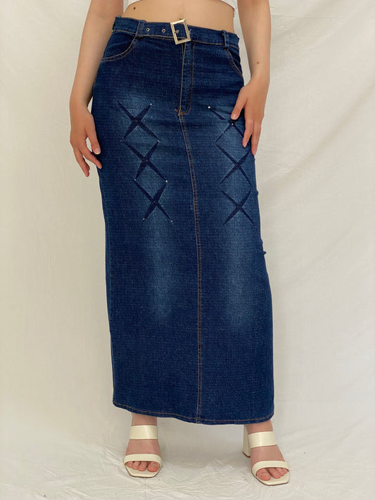 Vintage Y2K Stretch Denim Maxi Skirt Blue Belted Jean Skirt – M