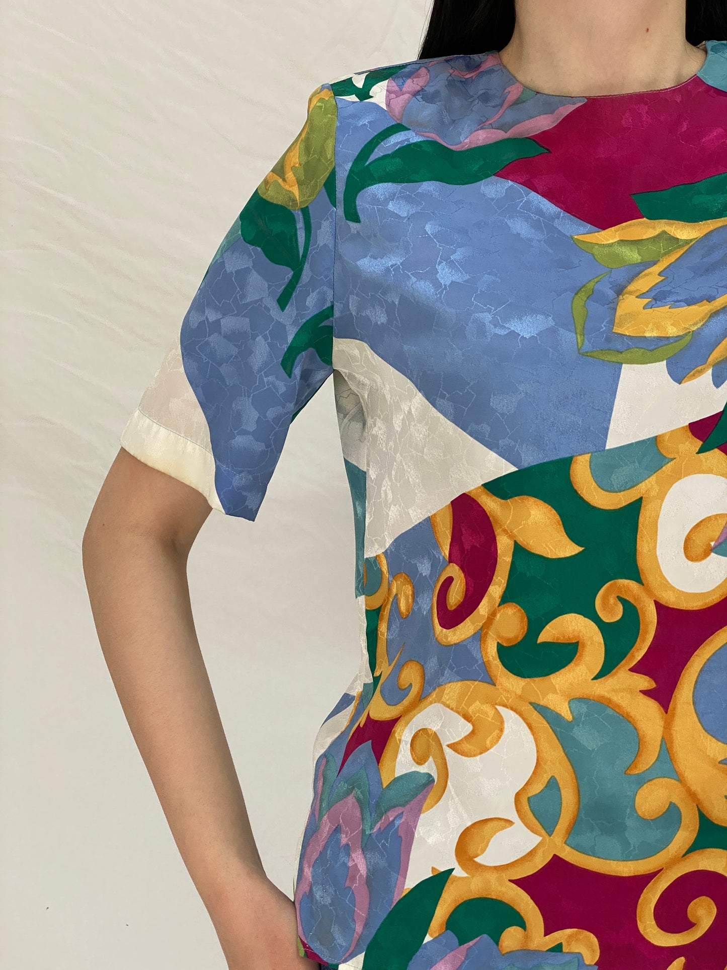 Vintage 90s Philippe Marques Abstract Print Structured Shoulder Short Sleeve Top - M