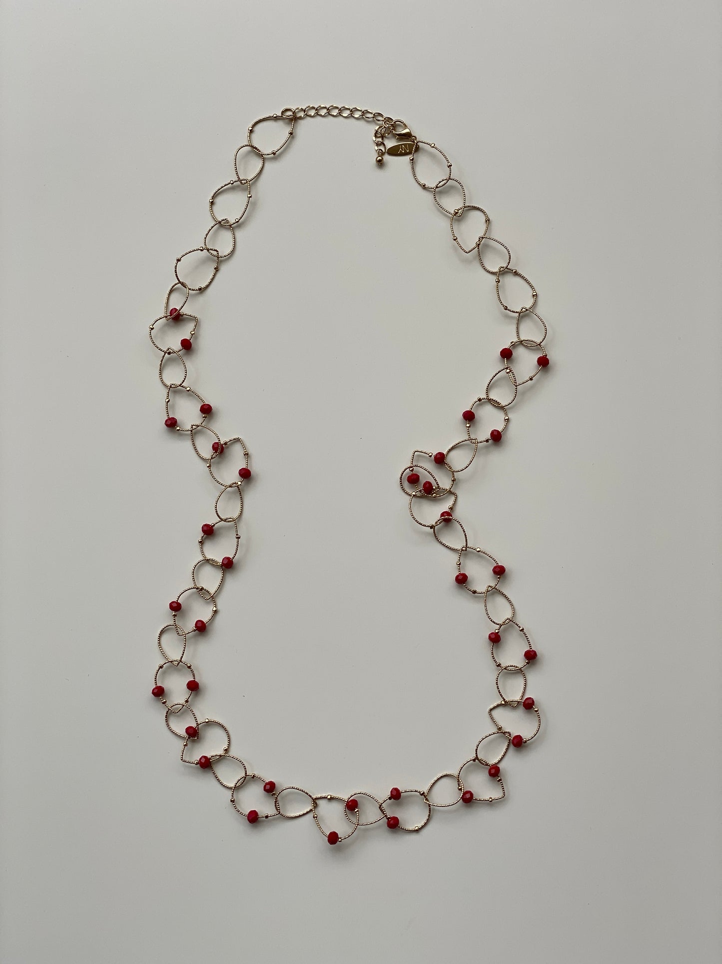 Vintage NY Gold Tone Open Link Chain Necklace with Red Crystal Beads