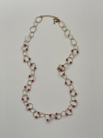 Vintage NY Gold Tone Open Link Chain Necklace with Red Crystal Beads