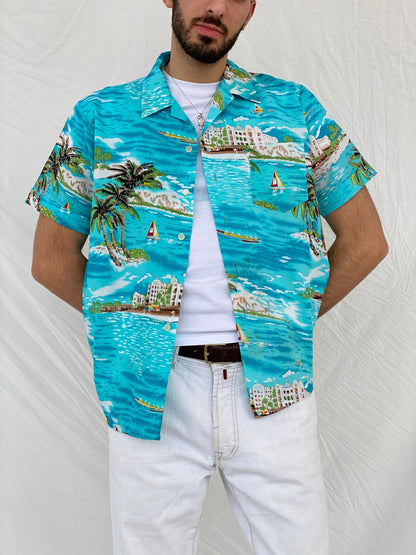 Vintage Romani Graphic Hawaiian Blue Beach Shirt - L