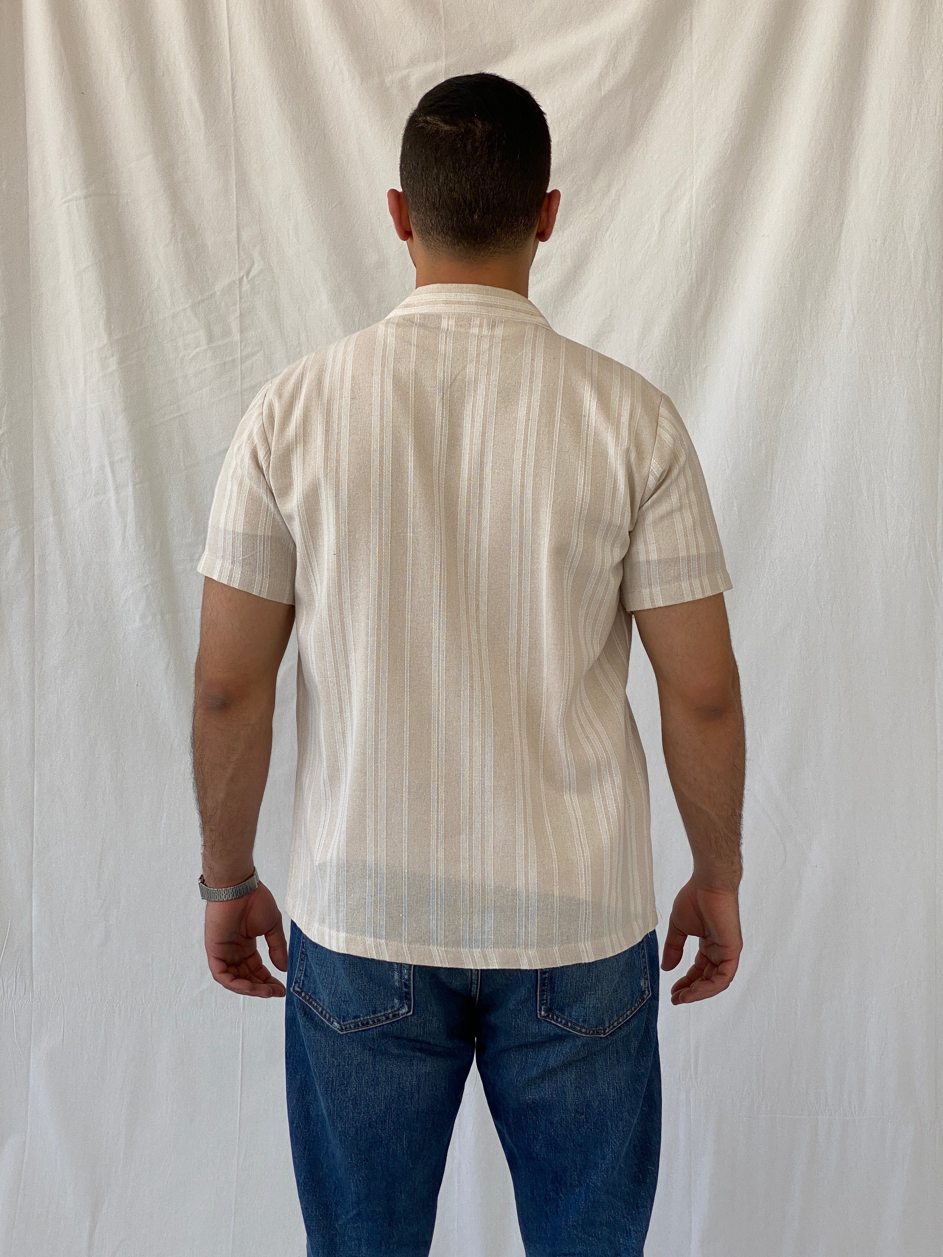 Kana Maru Striped Beige Half Sleeve Button Up Men’s Shirt - M