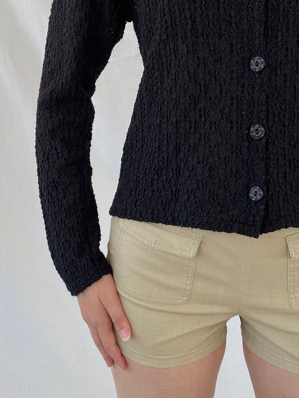 Vintage Black Crinkle Knit Cardigan Textured Long Sleeve Shirt - M