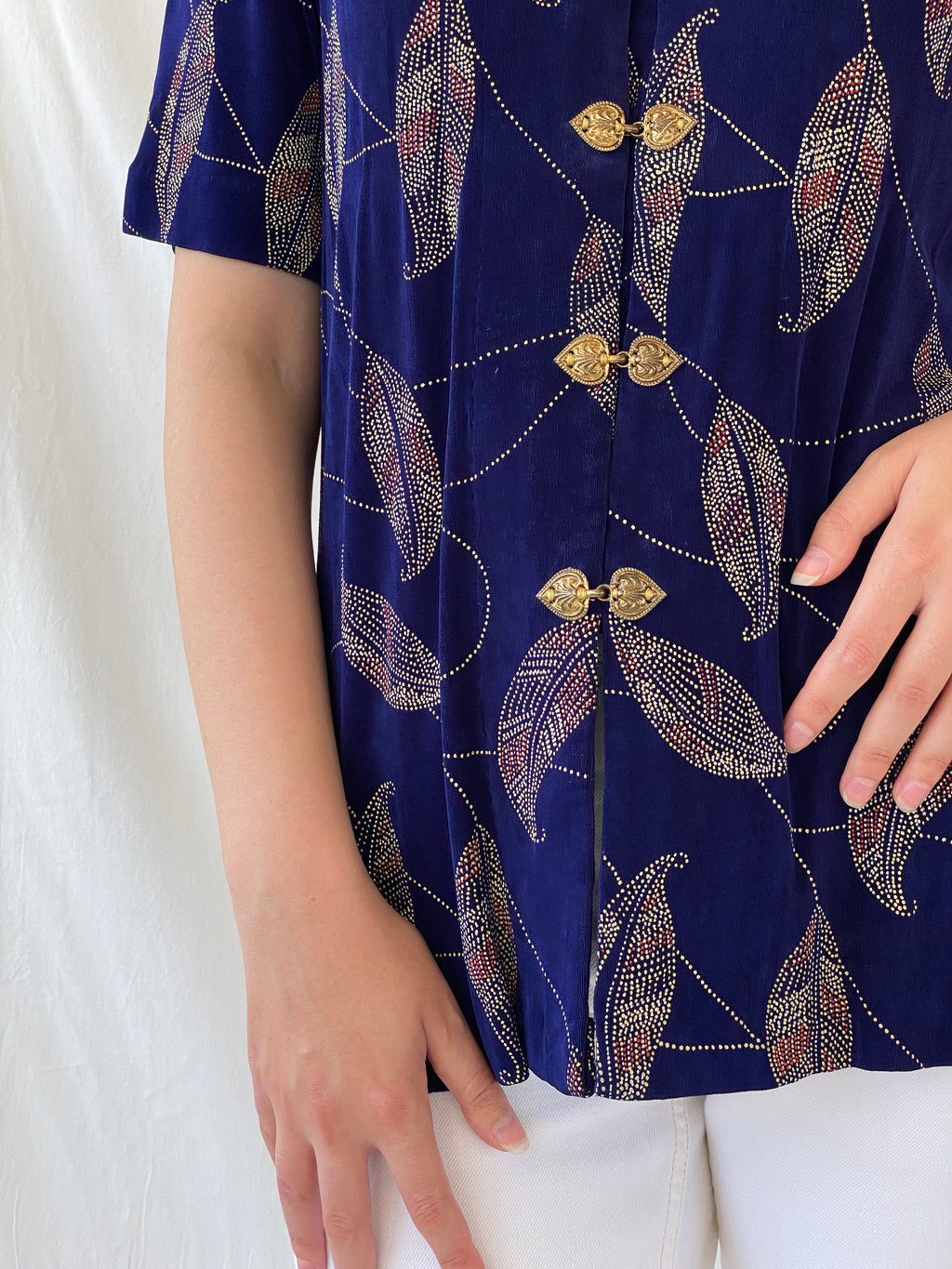 Vintage Navy Blue Gold Leaf Print Cardigan Blouse with Ornate Bronze Clasp Closures - L