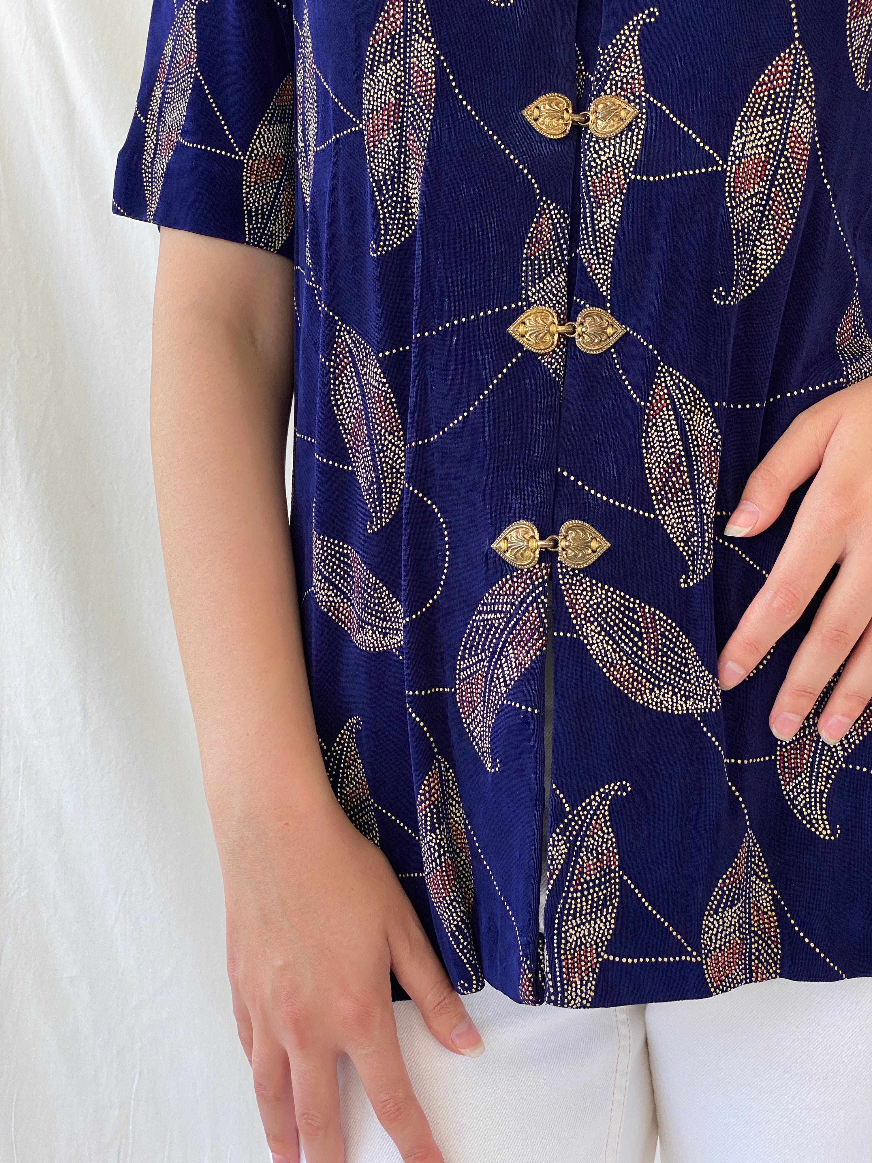 Vintage Navy Blue Gold Leaf Print Cardigan Blouse with Ornate Bronze Clasp Closures - L
