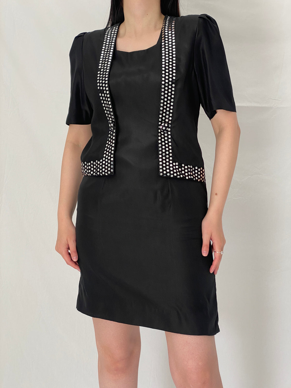 Vintage 90s Black Minimalist Shift Dress with Polka Dot Trim Detail - S Vintage 90s Black Minimalist Shift Dress with Polka Dot Trim Detail - S
