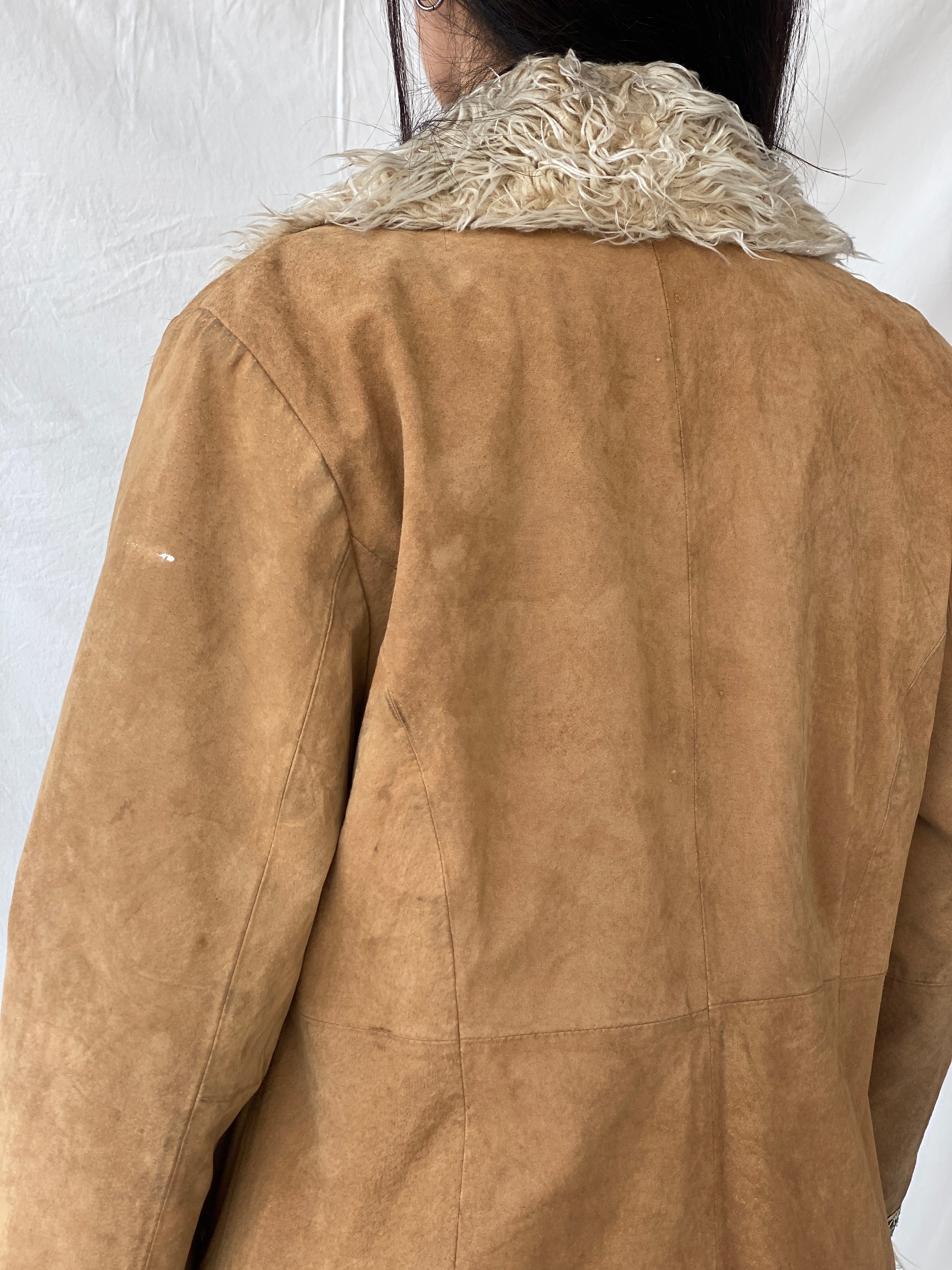 Vintage Y2K Xhilaration Genuine Suede Penny Lane Afghan Style Fur-Lined Floral Embroidered Coat - XL