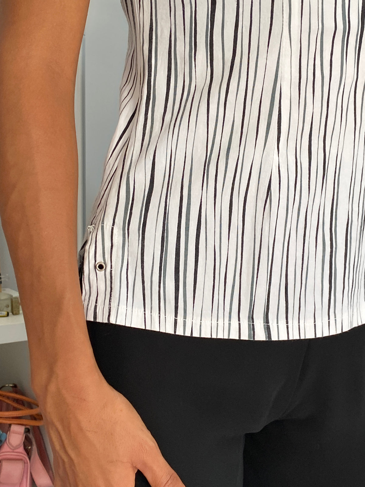 Vintage 90s GEM Fashion White Striped Cotton Stretch Fitted Collared Top - S Vintage 90s GEM Fashion White Striped Cotton Stretch Fitted Collared Top - S