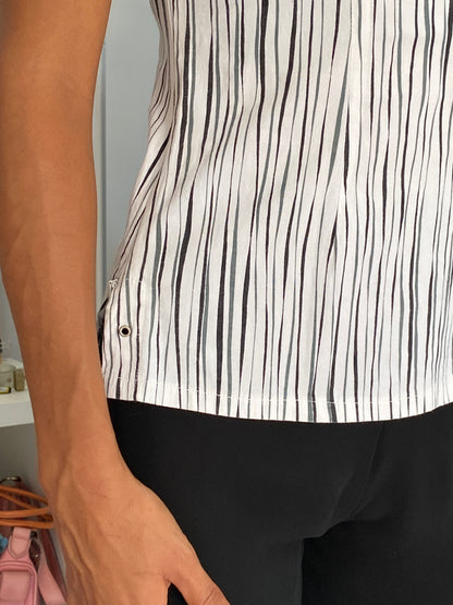 Vintage 90s GEM Fashion White Striped Cotton Stretch Fitted Collared Top - S
