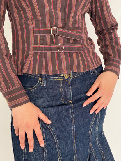 Vintage Y2K La Chemiserie dAVELINE Brown Stripe Buckle Waist Shirt - S