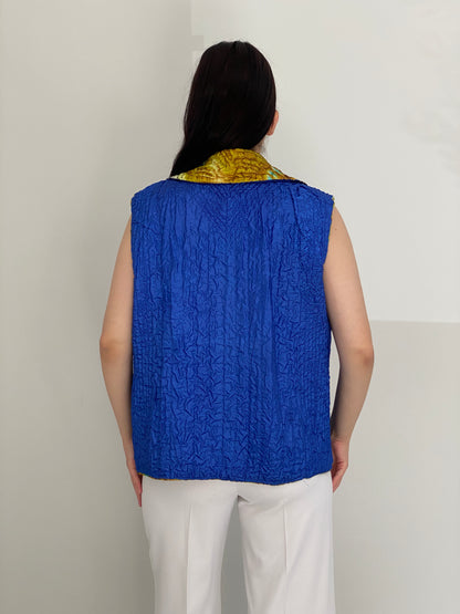 Vintage 90s Reversible Blue Yellow Abstract Crinkle Quilted Zip-Up Vest – L