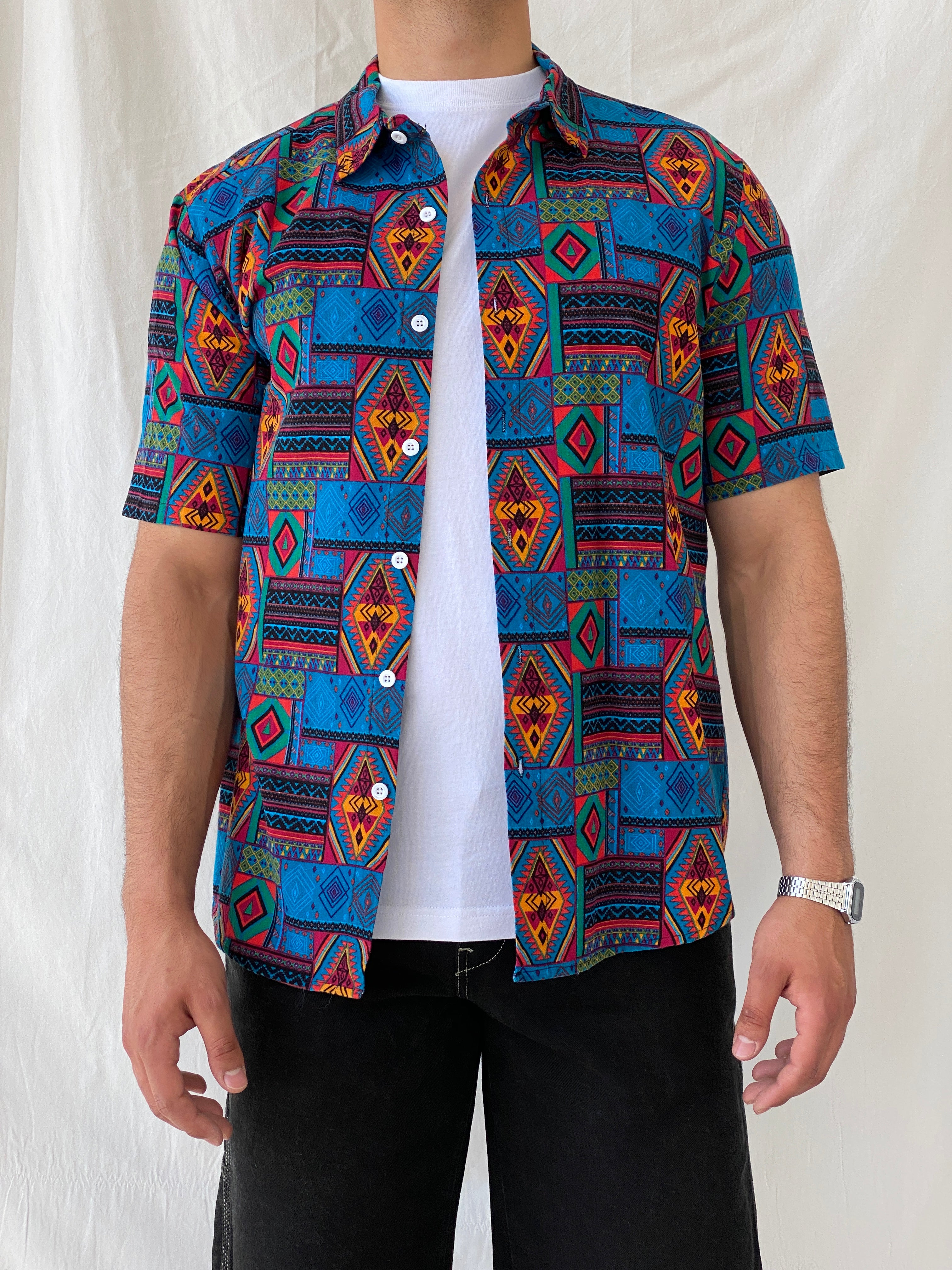 Vintage Aztec Tribal Blue Multi-Color Men’s Short Sleeve Shirt - L