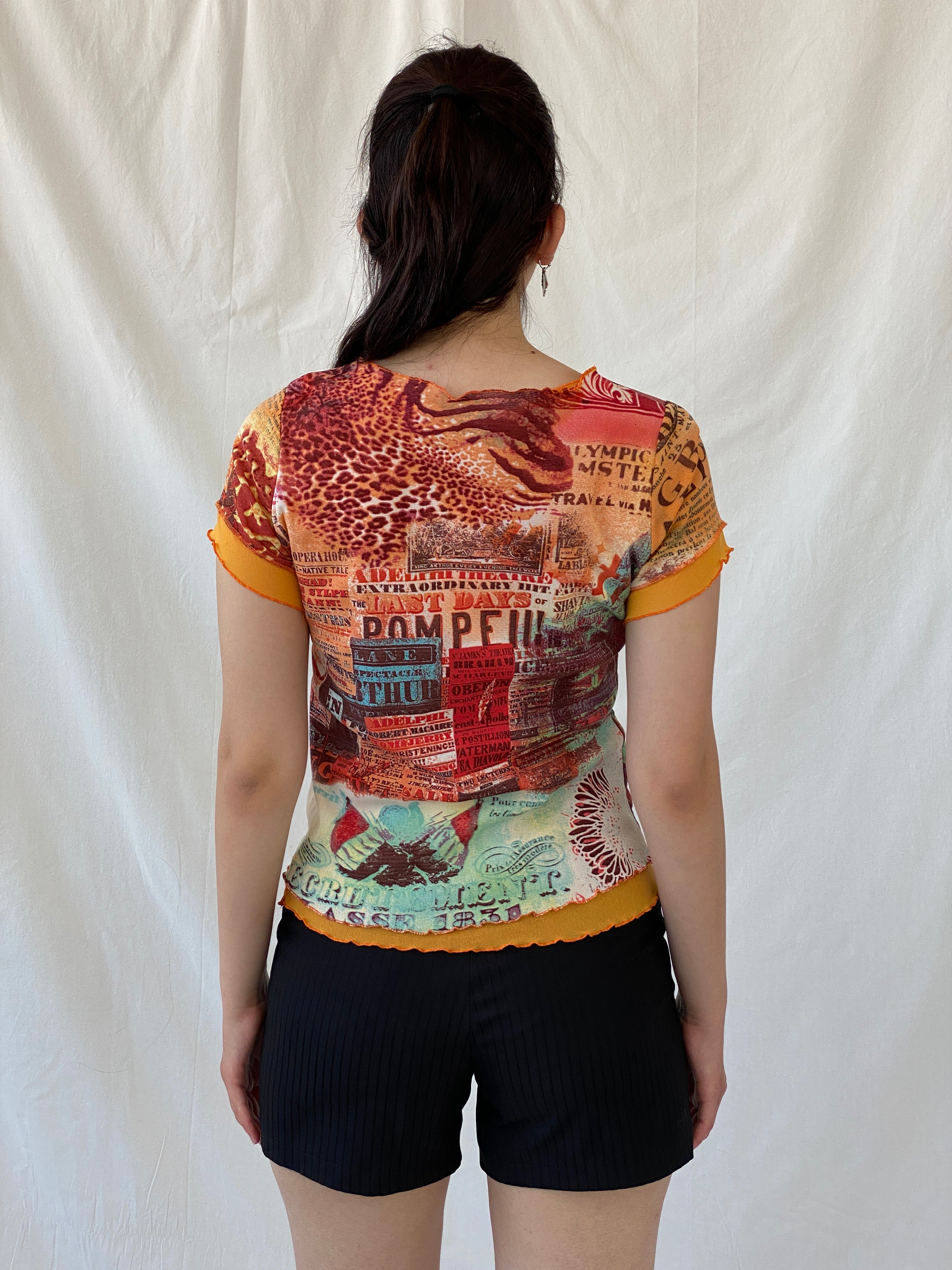 Vintage Fozmul Mesh Graphic Red Orange Short Sleeve Top - M