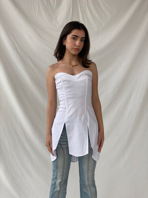 Beautiful Mara Margo White Boned Corset Bandeau Split Slit Top - XS