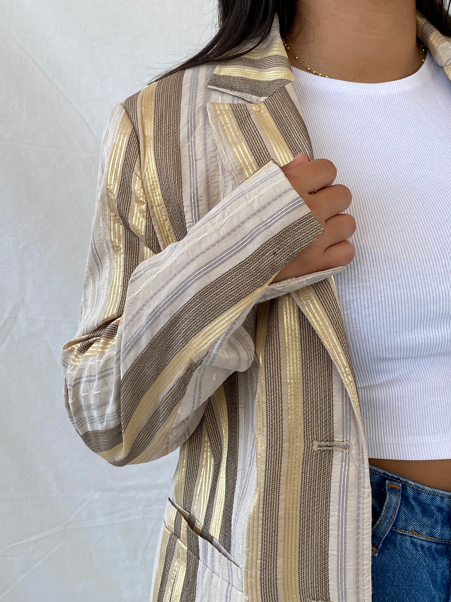 Vintage No 1 Mode Express Striped Beige and Gold Blazer - L